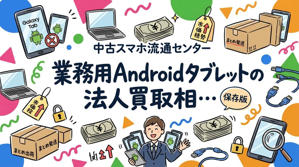 Galaxy TabやLenovo・NECなど業務用Androidタブレットの法人買取相場の考え方を解説。iPadとの査定差、キオスク設定やMDMの解除、データ消去証明書の発行、大量ロット対応まで総務・情シス向けに実務目線でまとめました。