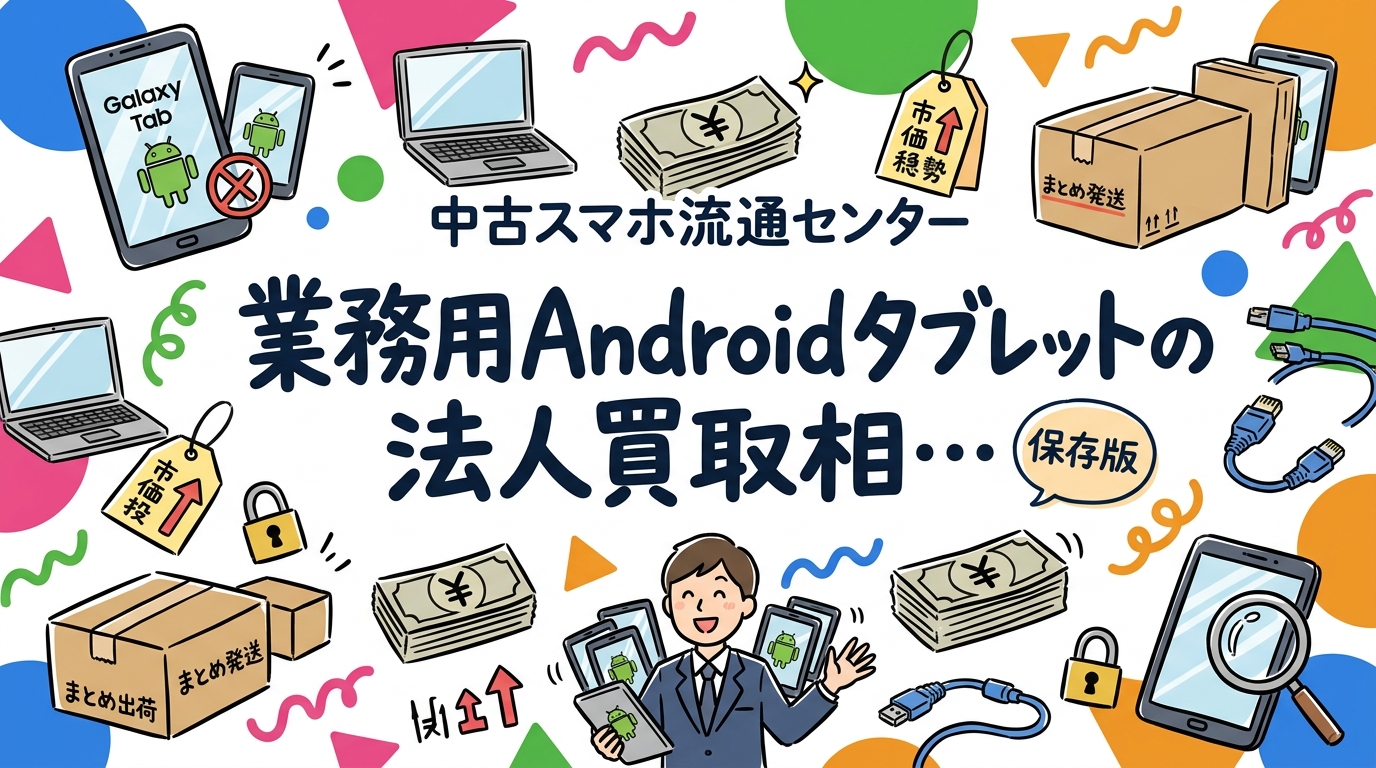 Galaxy TabやLenovo・NECなど業務用Androidタブレットの法人買取相場の考え方を解説。iPadとの査定差、キオスク設定やMDMの解除、データ消去証明書の発行、大量ロット対応まで総務・情シス向けに実務目線でまとめました。