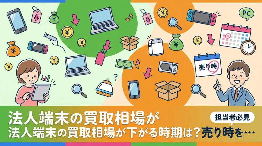 法人向け中古スマホ・PCの買取相場はいつ下がるのか。新モデル発表やOSサポート、為替・海外需要、流通量という4要因から売り時を解説。決算期との兼ね合いや保管コストと目減りの比較、無料査定の活用法まで法人担当者向けに整理します。
