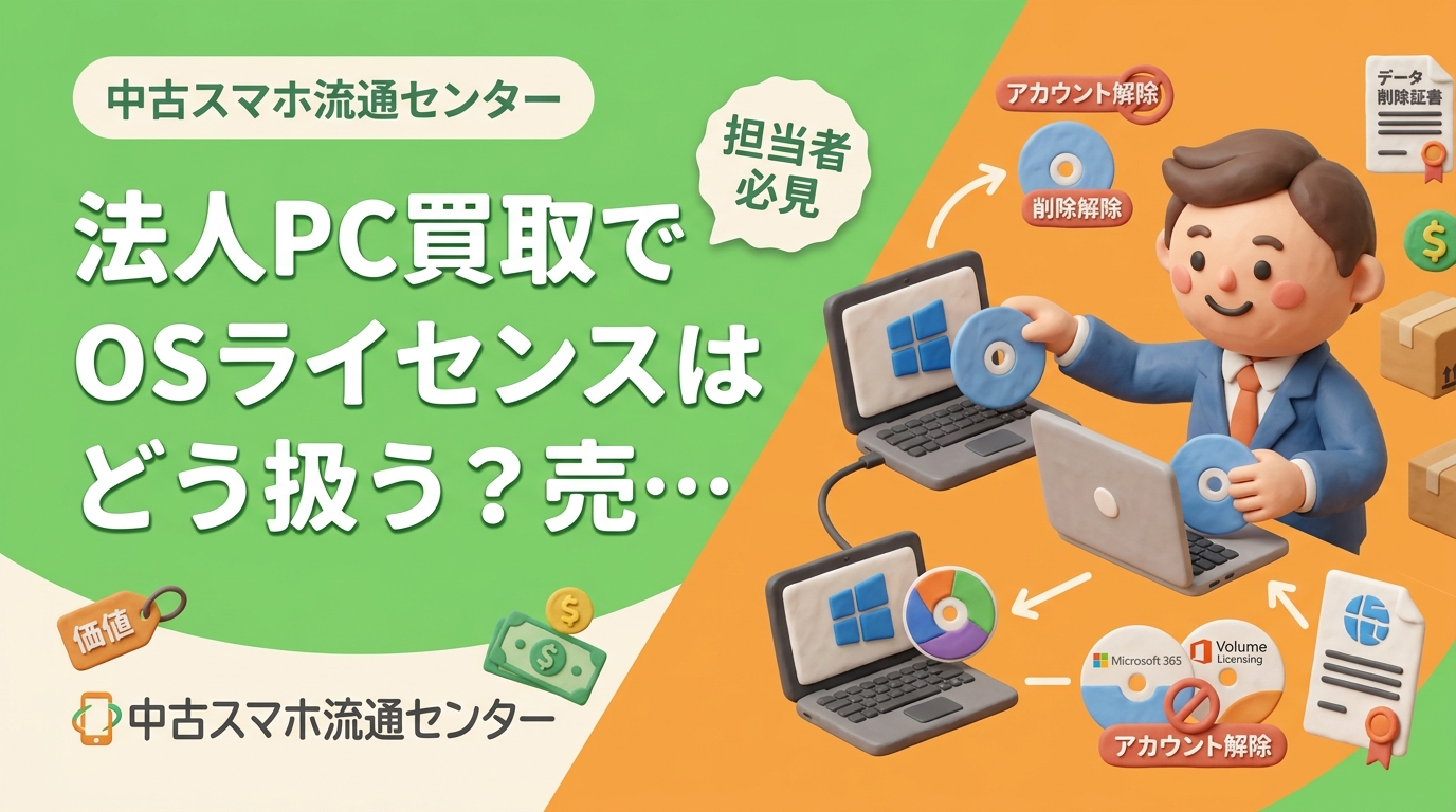 法人PCを売却する際のOSライセンスの扱いを解説。OEM版Windowsは本体に紐づき原則本体とともに移転、ボリュームライセンスやMicrosoft 365はアカウント解除が必要です。実務手順とデータ消去証明書の活用法も紹介します。