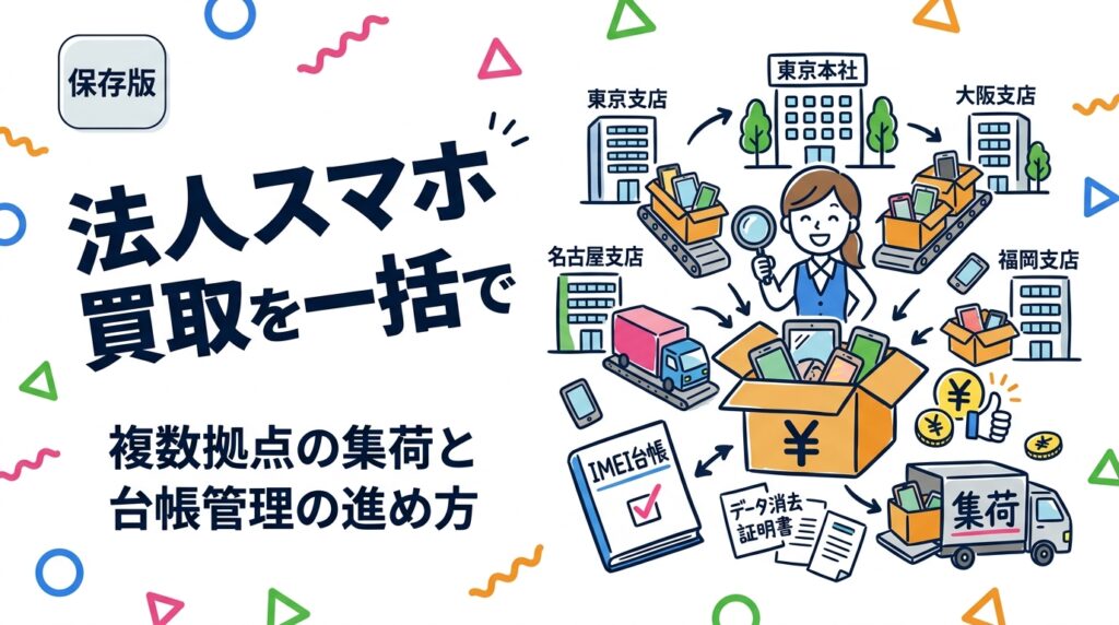 全国の支店に分散した業務用スマホをまとめて買取に出す方法を解説。拠点ごとの端末リスト作成からIMEI台帳、集荷手配、検品、データ消去証明書の発行まで、本社総務が押さえる実務手順と出張・宅配の使い分け基準を整理します。