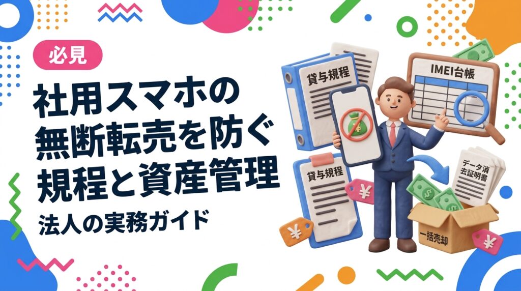 社用スマホの私的売却・持ち出しを防ぐには、貸与規程・IMEI台帳・返却時確認フローの整備が基本です。規程に盛り込む項目、資産管理の運用、正規ルートでの一括売却とデータ消去証明書の活用まで、法人担当者向けに実務的に解説します。