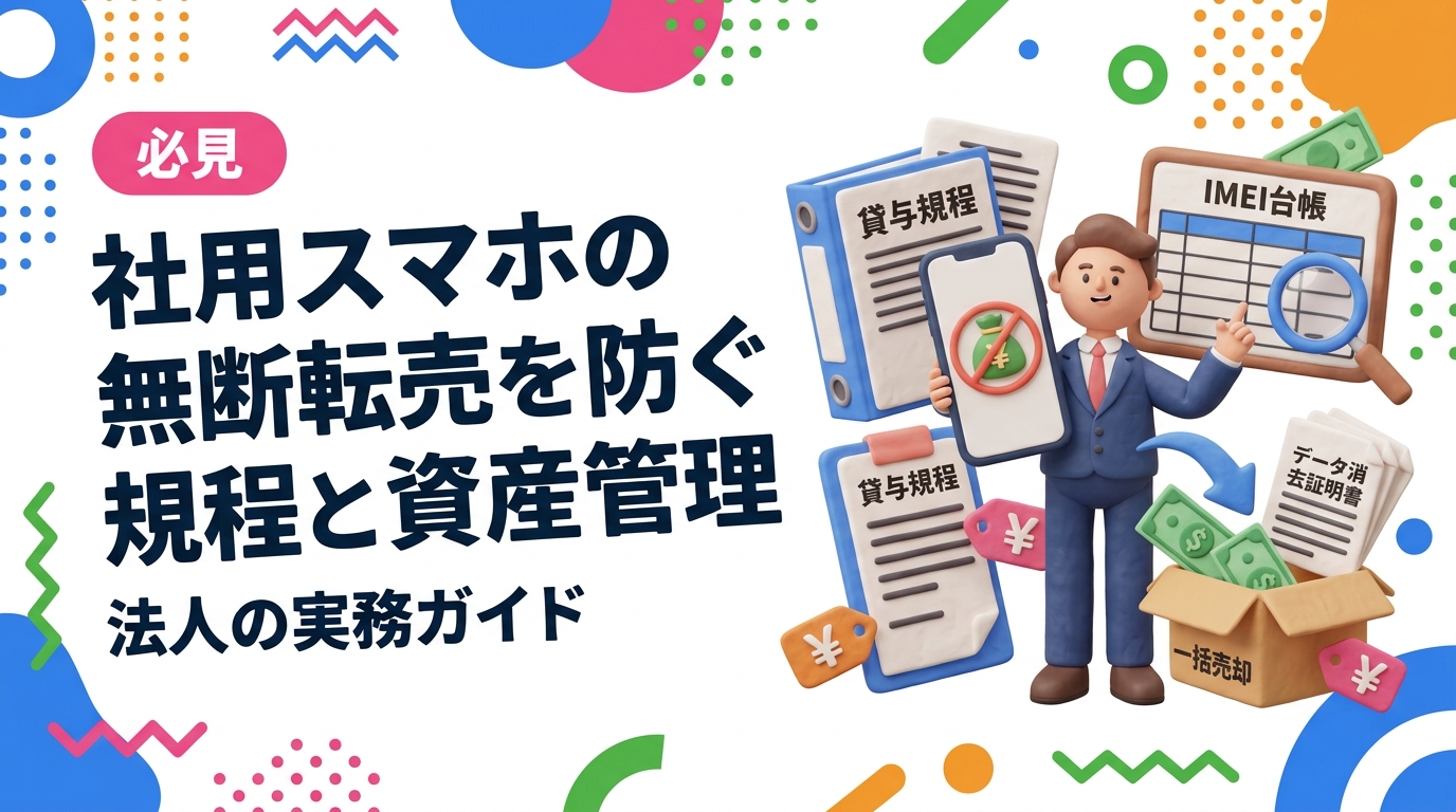 社用スマホの私的売却・持ち出しを防ぐには、貸与規程・IMEI台帳・返却時確認フローの整備が基本です。規程に盛り込む項目、資産管理の運用、正規ルートでの一括売却とデータ消去証明書の活用まで、法人担当者向けに実務的に解説します。