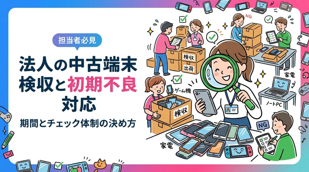 中古端末を大量納品で受け取る法人向けに、検収の定義、初期不良対応の申告期間、受領時チェック項目、抜き取り検査と全数検査の使い分けを実務目線で解説。社内の受領体制づくりと見積り相談のポイントも整理します。