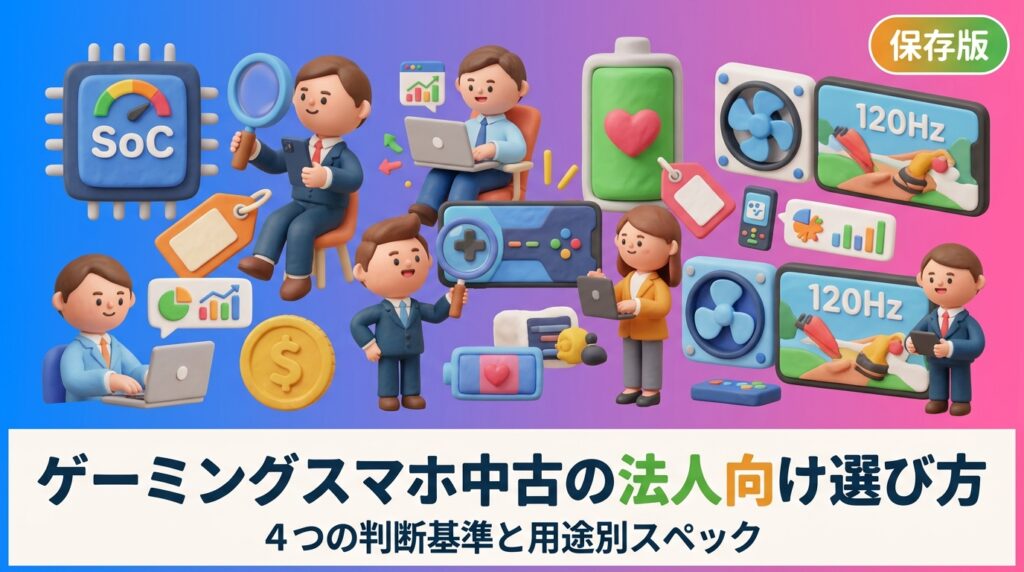 法人がゲーミングスマホを中古で導入する際の選び方を解説。SoC世代・リフレッシュレート・バッテリー最大容量・冷却機構の4基準、負荷テストや配信など用途別の推奨スペック、複数台調達と買取時の注意点をまとめました。