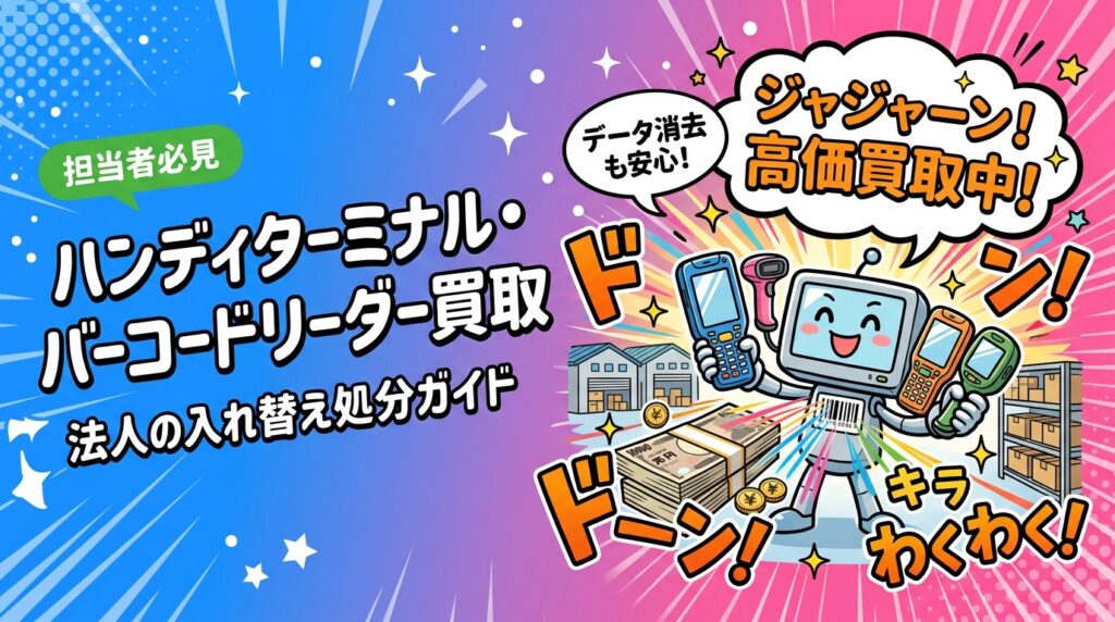 物流倉庫や小売の現場で使ったハンディターミナル・バーコードリーダーは買取対象です。査定に影響する型番や付属品、バッテリー劣化時の扱い、在庫データや無線LAN設定の消去手順と証明書発行まで法人担当者向けに解説します。