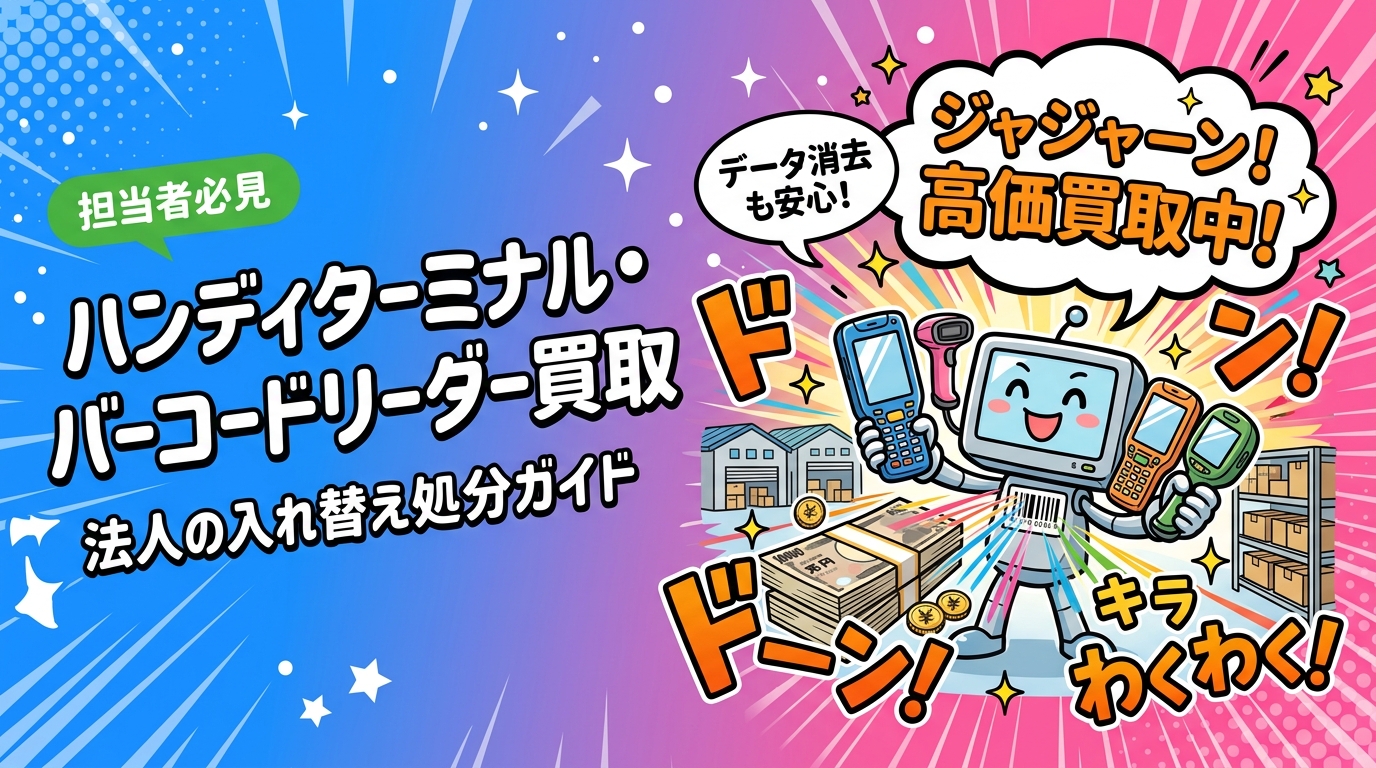 物流倉庫や小売の現場で使ったハンディターミナル・バーコードリーダーは買取対象です。査定に影響する型番や付属品、バッテリー劣化時の扱い、在庫データや無線LAN設定の消去手順と証明書発行まで法人担当者向けに解説します。
