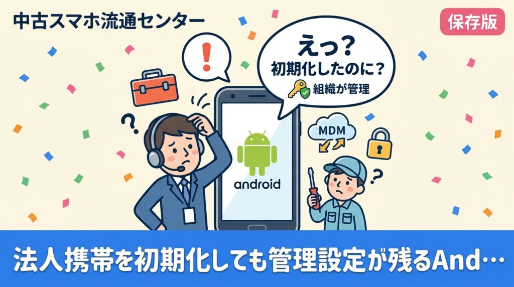 Androidの法人携帯を初期化したのに「組織が管理しています」と表示される原因は、MDM登録・ゼロタッチ・Googleアカウント保護の残存です。情シス担当者向けに解除手順と売却前の確認ポイント、データ消去証明書付き買取の流れを解説します。