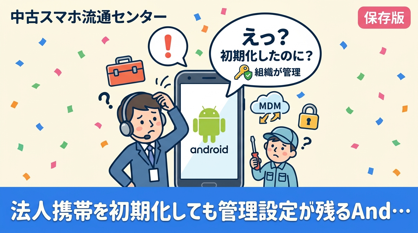 Androidの法人携帯を初期化したのに「組織が管理しています」と表示される原因は、MDM登録・ゼロタッチ・Googleアカウント保護の残存です。情シス担当者向けに解除手順と売却前の確認ポイント、データ消去証明書付き買取の流れを解説します。