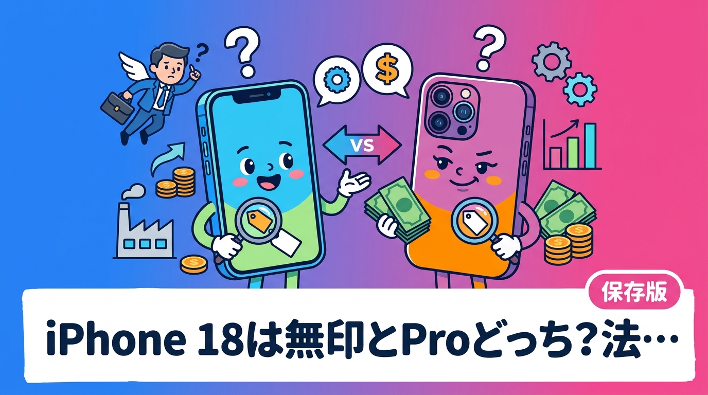 社用iPhoneでiPhone 18無印とProのどちらを選ぶべきか、法人目線で整理。カメラ・画面・重量・価格・リセール残価の比較、台数×差額の試算の考え方、中古や型落ち混在の是非、同一機種で揃える運用メリットまで情シス向けに解説します。