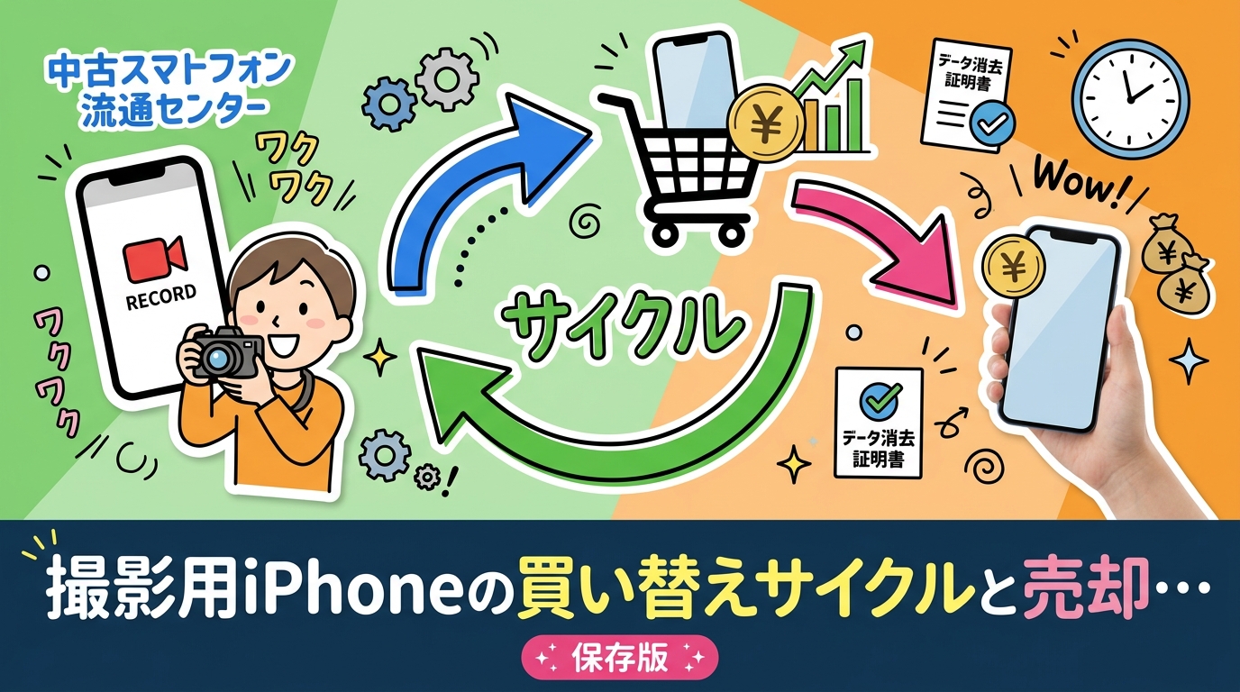 撮影やSNS運用で使う業務用iPhoneは何年で入れ替えるべきか。中古での購入費から売却額を差し引く「実質コスト」の考え方、売り時の見極め、データ消去証明書付き売却まで法人担当者向けに解説します。