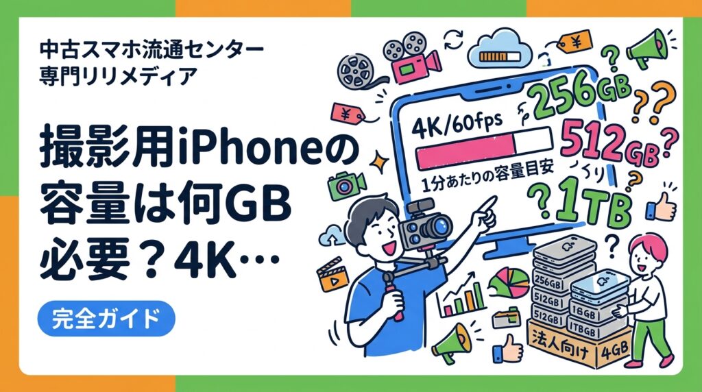 業務用の撮影でiPhoneを使うなら容量は何GB必要か。4K/60fpsやProResの1分あたり容量目安、撮影日数からの逆算、容量アップと台数増の判断、中古でまとめて揃える実務を法人向けに解説します。