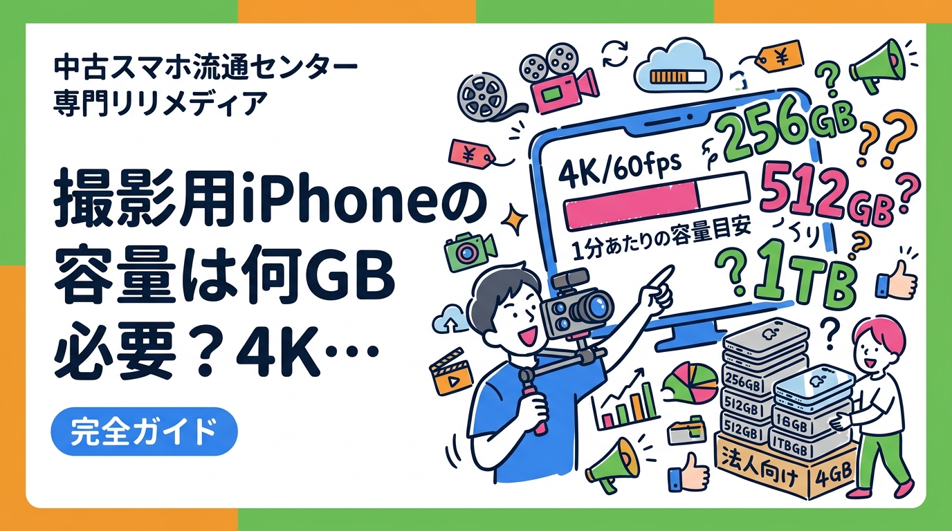 業務用の撮影でiPhoneを使うなら容量は何GB必要か。4K/60fpsやProResの1分あたり容量目安、撮影日数からの逆算、容量アップと台数増の判断、中古でまとめて揃える実務を法人向けに解説します。
