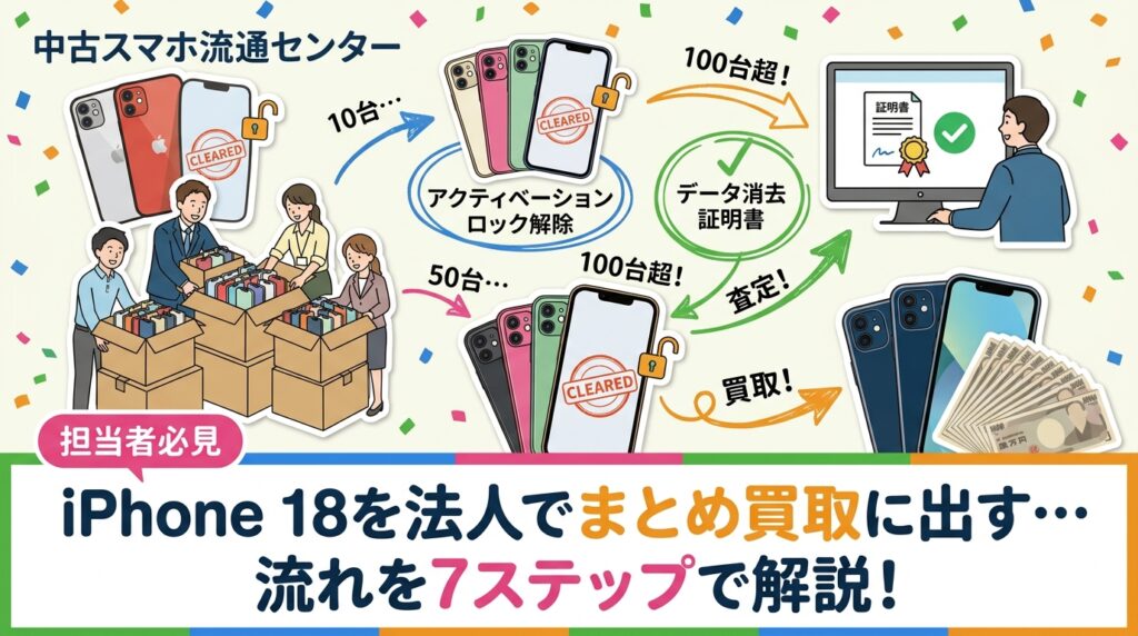 社用iPhone 18を数十台単位で一括売却したい情シス・総務向けに、まとめ買取の流れを7ステップで解説。10台・50台・100台超など台数規模別の進め方、アクティベーションロック解除やデータ消去証明書の実務ポイントまで整理します。