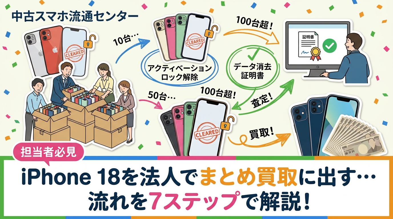 社用iPhone 18を数十台単位で一括売却したい情シス・総務向けに、まとめ買取の流れを7ステップで解説。10台・50台・100台超など台数規模別の進め方、アクティベーションロック解除やデータ消去証明書の実務ポイントまで整理します。