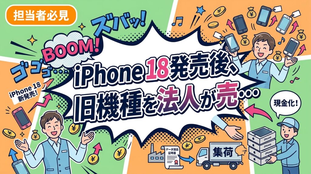 iPhone 18の発売を機に社用iPhoneを入れ替える情シス担当向けに、旧機種の法人売却に適した時期、値動きの一般的な傾向、見積もりから集荷・データ消去証明書・入金までの逆算手順を実務目線で解説します。