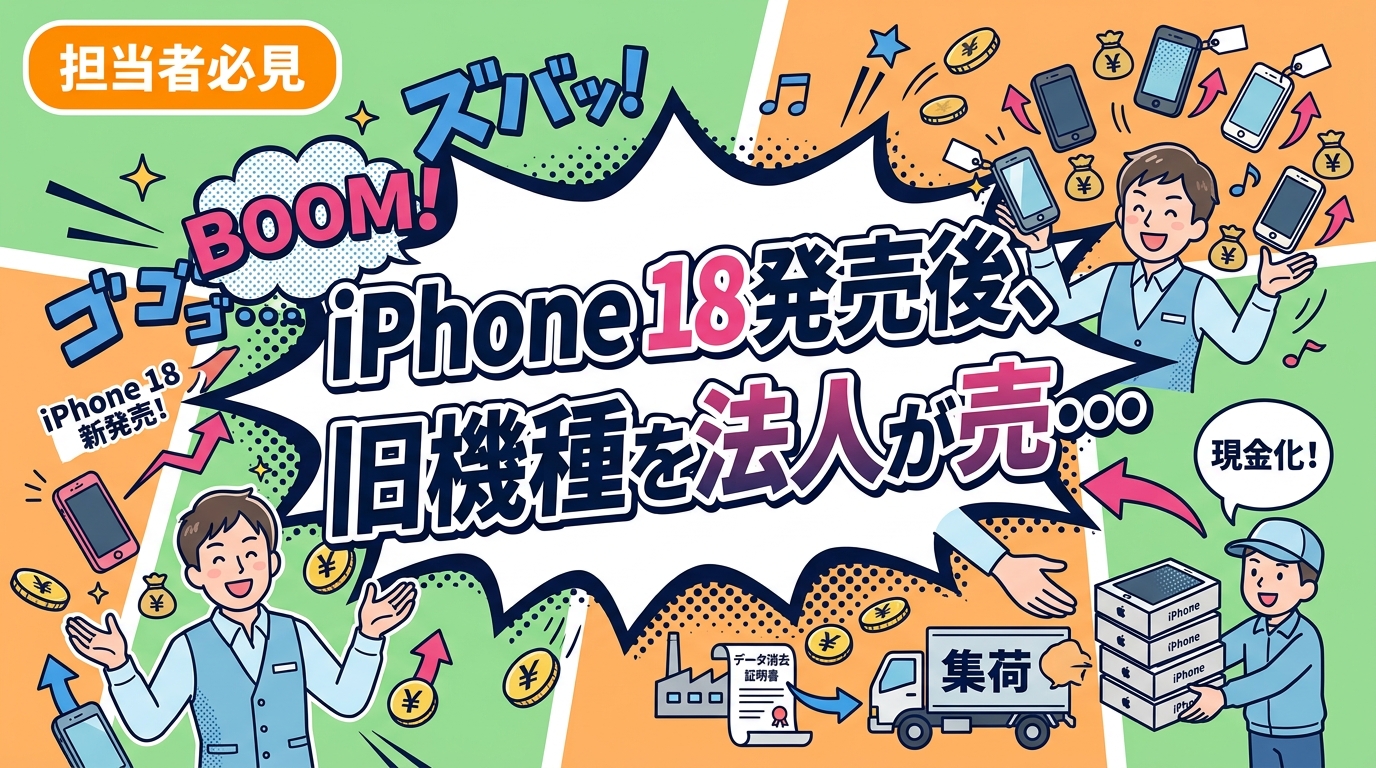 iPhone 18の発売を機に社用iPhoneを入れ替える情シス担当向けに、旧機種の法人売却に適した時期、値動きの一般的な傾向、見積もりから集荷・データ消去証明書・入金までの逆算手順を実務目線で解説します。
