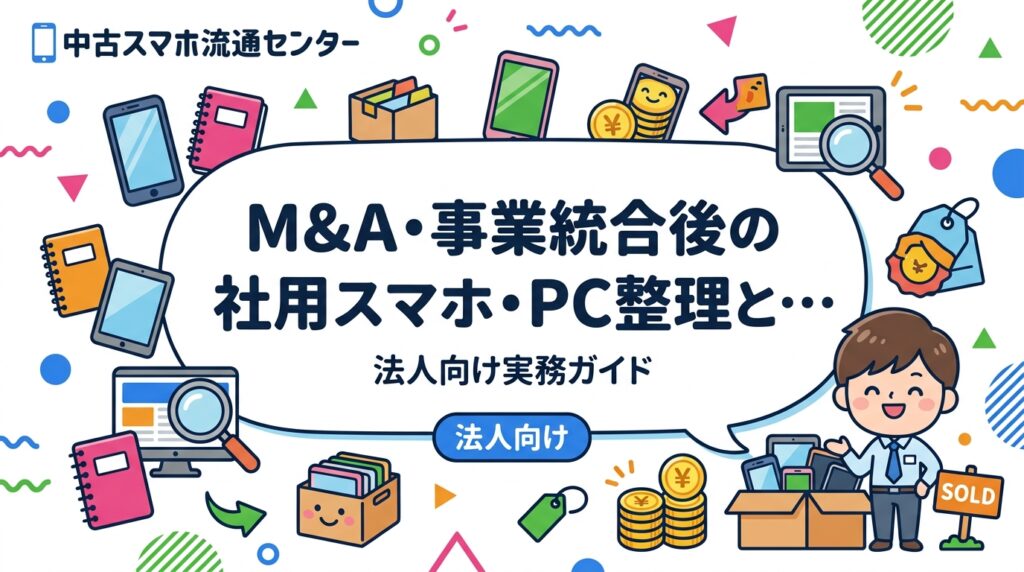 M&Aや事業統合で重複した社用スマホ・PCをどう整理するか。MDMと機種のどちらに揃えるか、余剰端末の洗い出し、旧会社名義の契約・アカウント解除、まとめて売却する手順を法人の情シス・総務向けに解説します。