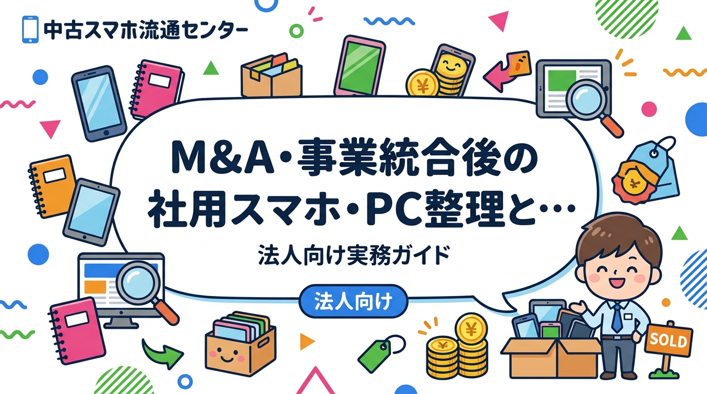 M&Aや事業統合で重複した社用スマホ・PCをどう整理するか。MDMと機種のどちらに揃えるか、余剰端末の洗い出し、旧会社名義の契約・アカウント解除、まとめて売却する手順を法人の情シス・総務向けに解説します。