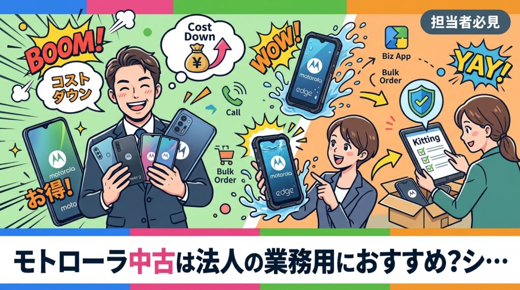 モトローラの中古スマホは価格帯が抑えめで、通話や業務アプリ中心の社用端末として検討しやすい選択肢です。moto gとedgeの位置づけ、おサイフケータイや防水の機種差、セキュリティ更新の確認手順、台数導入時のキッティングまで法人目線で解説します。