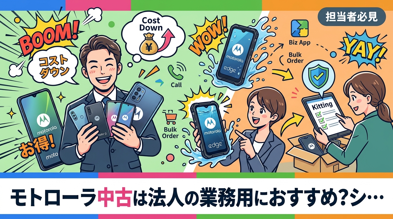 モトローラの中古スマホは価格帯が抑えめで、通話や業務アプリ中心の社用端末として検討しやすい選択肢です。moto gとedgeの位置づけ、おサイフケータイや防水の機種差、セキュリティ更新の確認手順、台数導入時のキッティングまで法人目線で解説します。