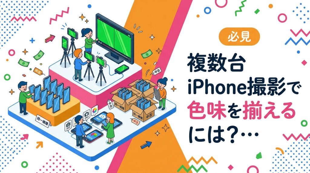 マルチカメラ撮影でiPhoneの色味や画角が合わない原因は、機種・世代の混在です。同一機種・同一容量を中古でまとめて揃えるコツ、調達の進め方、撮影前の設定統一手順を法人向けに解説します。