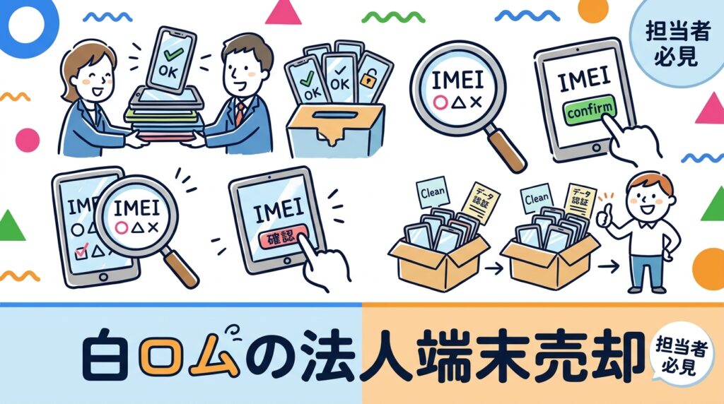 白ロムとは回線契約が紐づかない端末本体のこと。法人の社用スマホを売却する際に必須のIMEIによる利用制限(○△×)確認、残債・MDM・アクティベーションロック解除の順序、データ消去証明書や一括集荷査定の流れを実務目線で解説します。