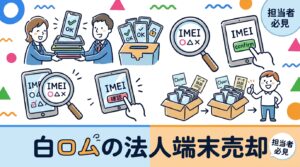 白ロムとは回線契約が紐づかない端末本体のこと。法人の社用スマホを売却する際に必須のIMEIによる利用制限(○△×)確認、残債・MDM・アクティベーションロック解除の順序、データ消去証明書や一括集荷査定の流れを実務目線で解説します。