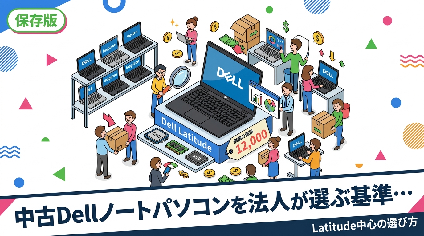 社員用ノートPCの入れ替えで中古Dellを検討する情シス・総務担当者向けに、Latitude中心の選び方、Inspiron・Vostroとの違い、CPU世代やメモリ・SSDの最低ライン、価格目安、旧端末の買取とデータ消去まで実務的に解説します。