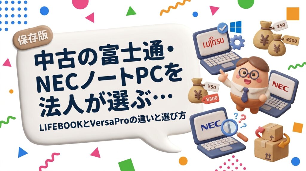 中古の富士通LIFEBOOKとNEC VersaProを法人導入する際の選び方を解説。日本語配列やサポート、軽量モデル、バッテリー交換可否、Windows11要件（TPM2.0・対応CPU）の確認手順、価格の目安、既存機の売却までまとめました。