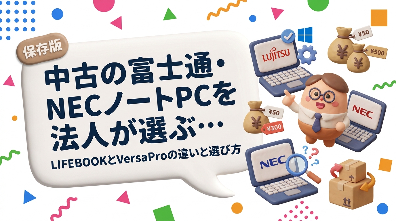 中古の富士通LIFEBOOKとNEC VersaProを法人導入する際の選び方を解説。日本語配列やサポート、軽量モデル、バッテリー交換可否、Windows11要件（TPM2.0・対応CPU）の確認手順、価格の目安、既存機の売却までまとめました。