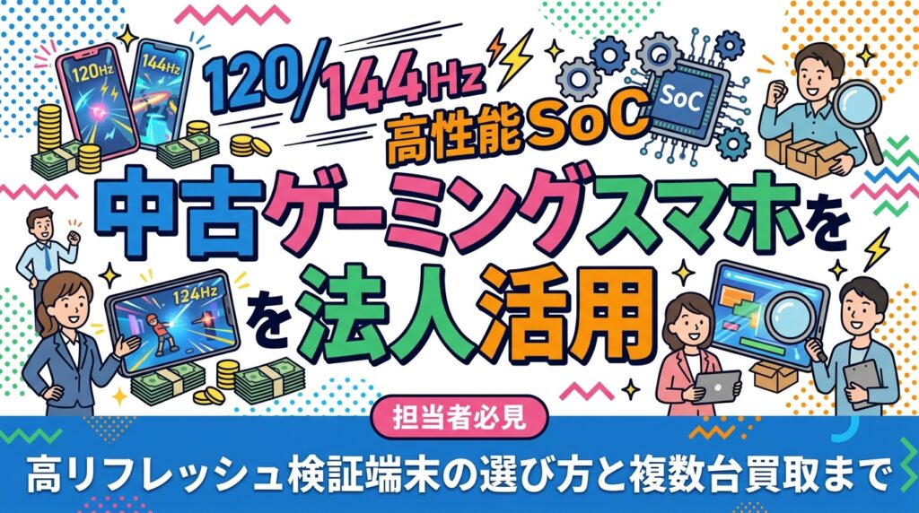 ゲーミングスマホの中古を法人の検証端末として活用する方法を解説。120/144Hz対応やSoC世代、冷却機構、バッテリー劣化の見極め方、検証シナリオ別の台数構成、複数台調達と検証後の一括買取まで実務目線でまとめました。
