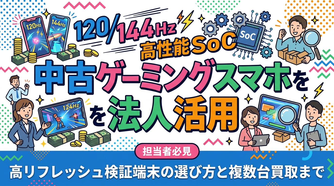 ゲーミングスマホの中古を法人の検証端末として活用する方法を解説。120/144Hz対応やSoC世代、冷却機構、バッテリー劣化の見極め方、検証シナリオ別の台数構成、複数台調達と検証後の一括買取まで実務目線でまとめました。