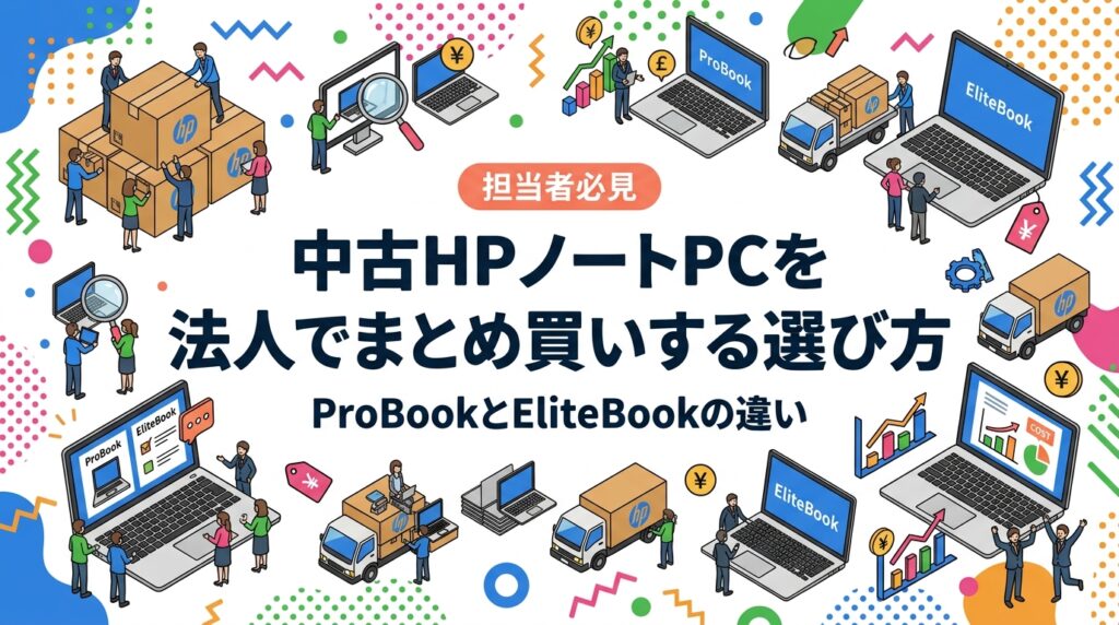 中古HPノートPCを法人で10〜100台まとめ買いする際の選び方を解説。EliteBookとProBookの位置づけ、同一機種で揃えるメリット、在庫・納期の確認点、見積もり依頼時に伝える項目まで実務目線で整理します。