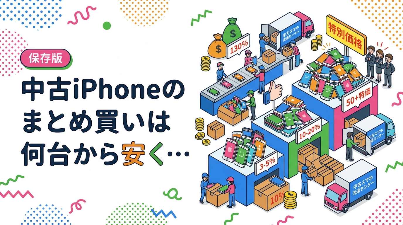 法人・個人事業主向けに、中古iPhoneのまとめ買いが何台から安くなりやすいのかを台数別に解説。単価が下がる仕組み、相談時に伝えるべき条件、少台数でも安く揃える工夫、キッティングや納期の実務ポイントまで実例ベースで整理します。