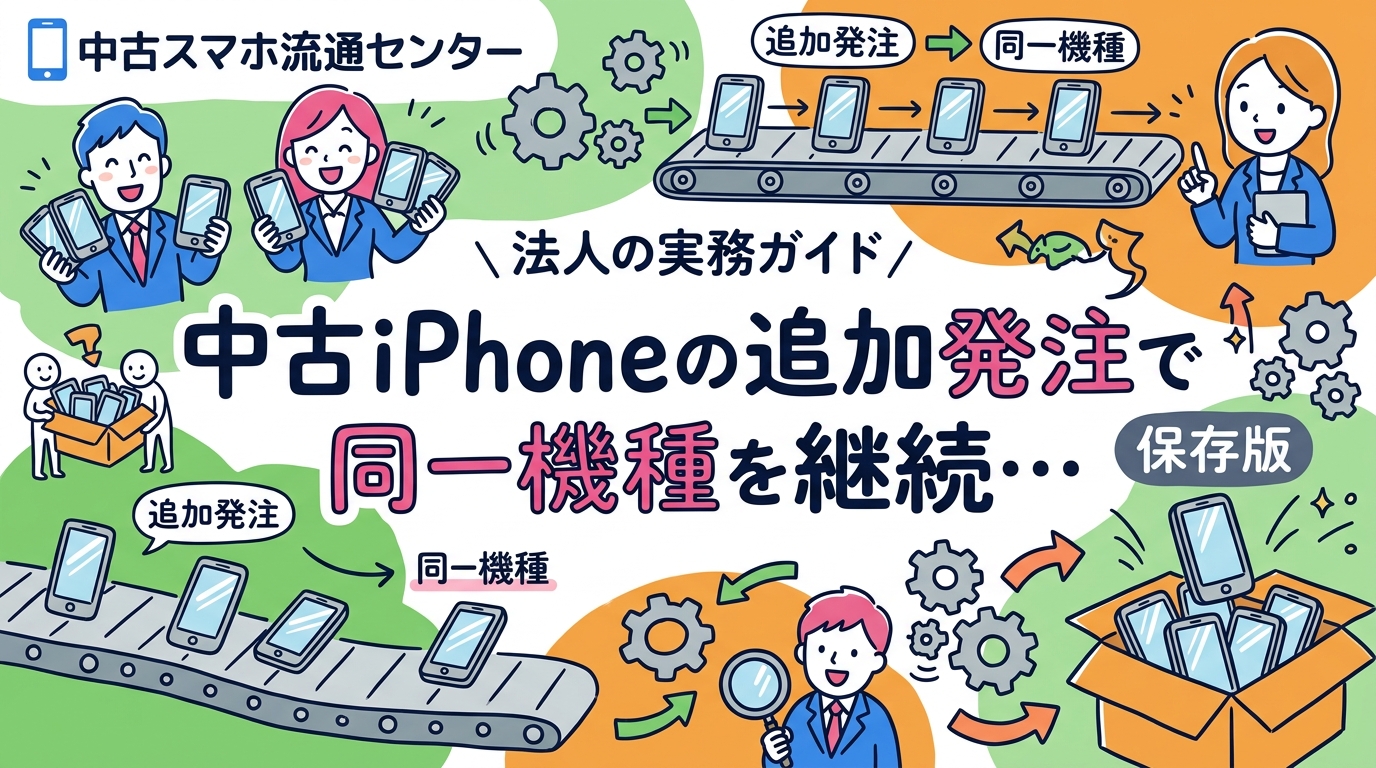 人員増や故障交換で「同じ中古iPhoneをあとから買い足したい」法人担当者向けに、同一機種を継続調達する実務を解説。予備機の確保、代替機種の事前決定、次回時期の共有、まとめ手配やキッティング相談まで目安つきで整理します。